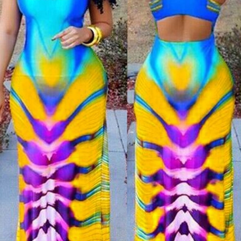 NEW DRESS PRINTED OUT HOLLOW OUT SUMMER MAXI DRESS PLUS SIZE 2XL